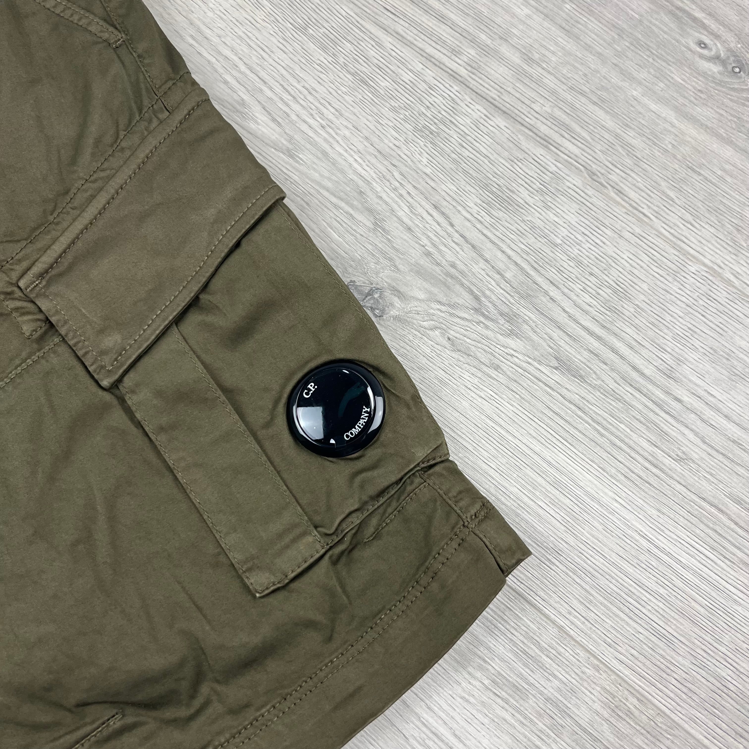 CP Company Gabardine Cargo Shorts in Ivy Green. On sale at Open Attire.