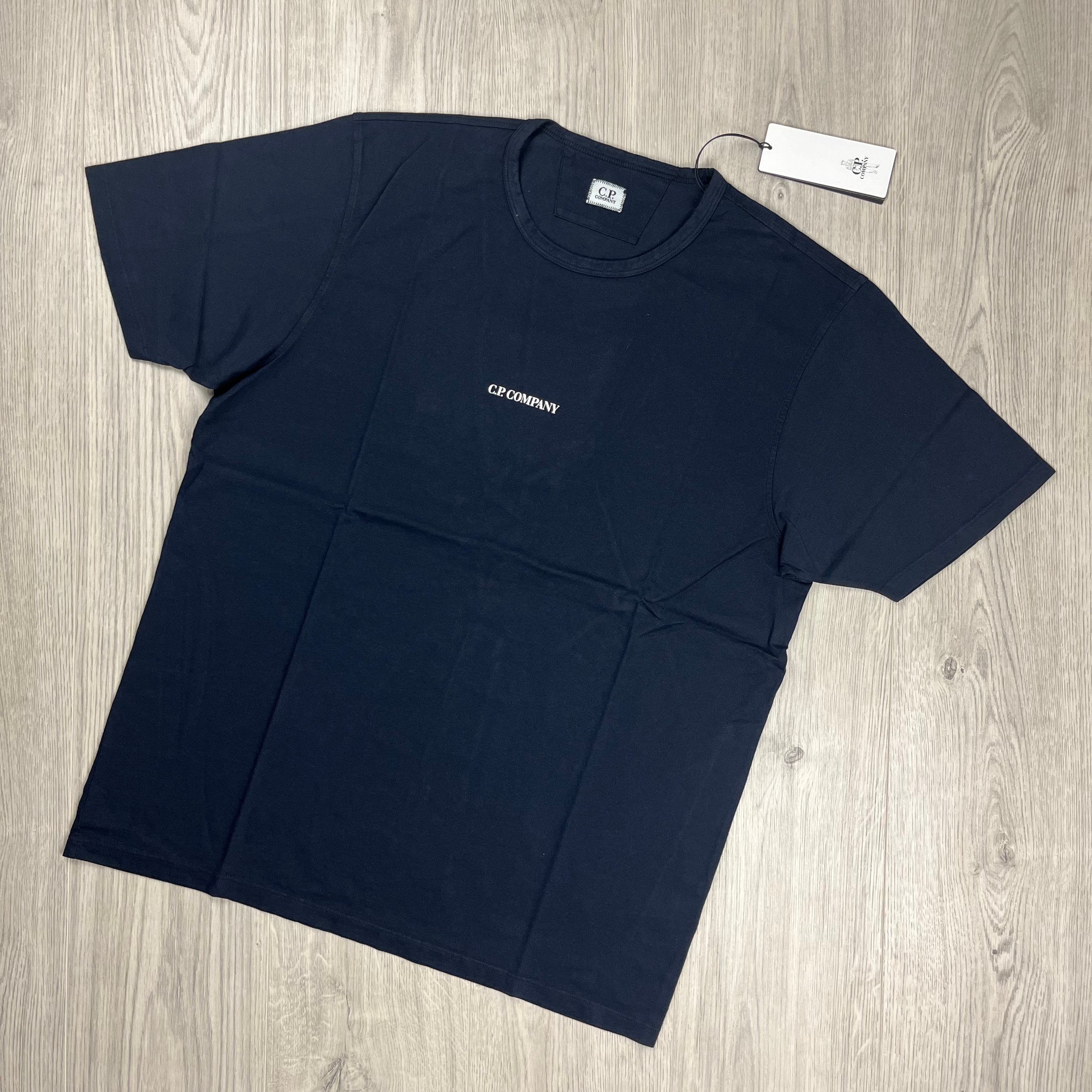 CP Company Printed T-Shirt in Total Eclipse Navy Blue. On sale at Open Attire.