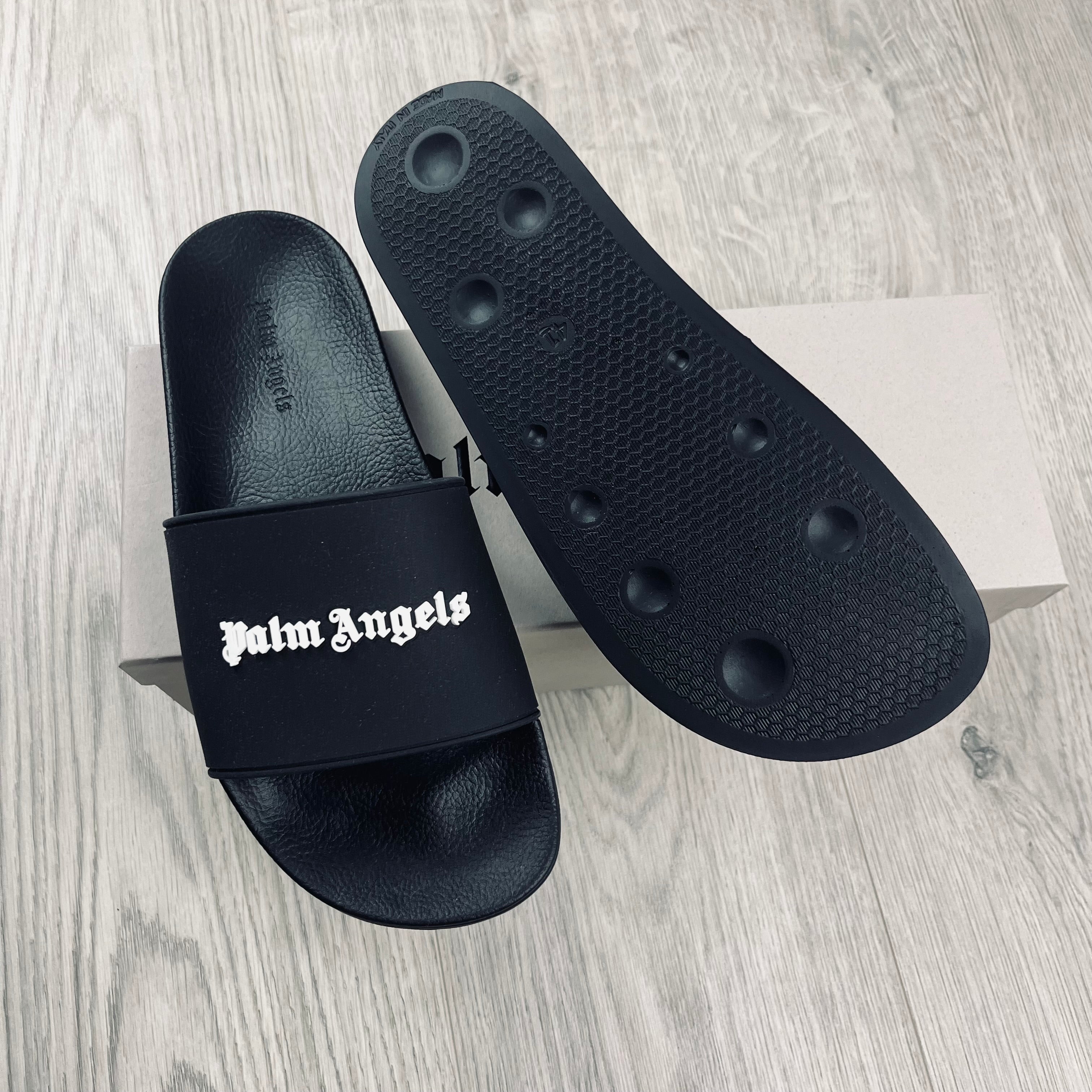 Palm Angels Rubber Slides in Black. On sale at Open Attire.