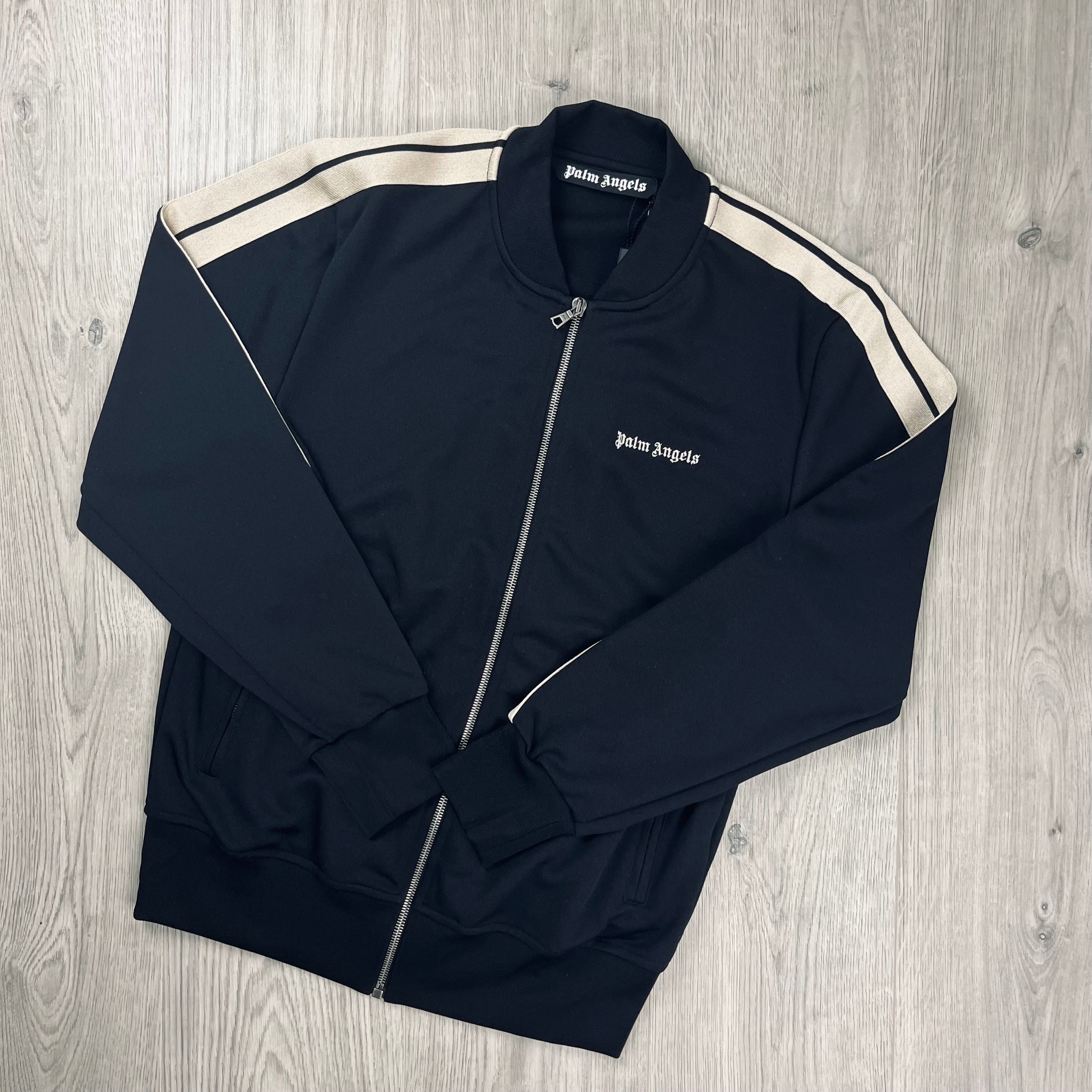 Palm Angels Embroidered Track Jacket in Black. On sale at Open Attire.