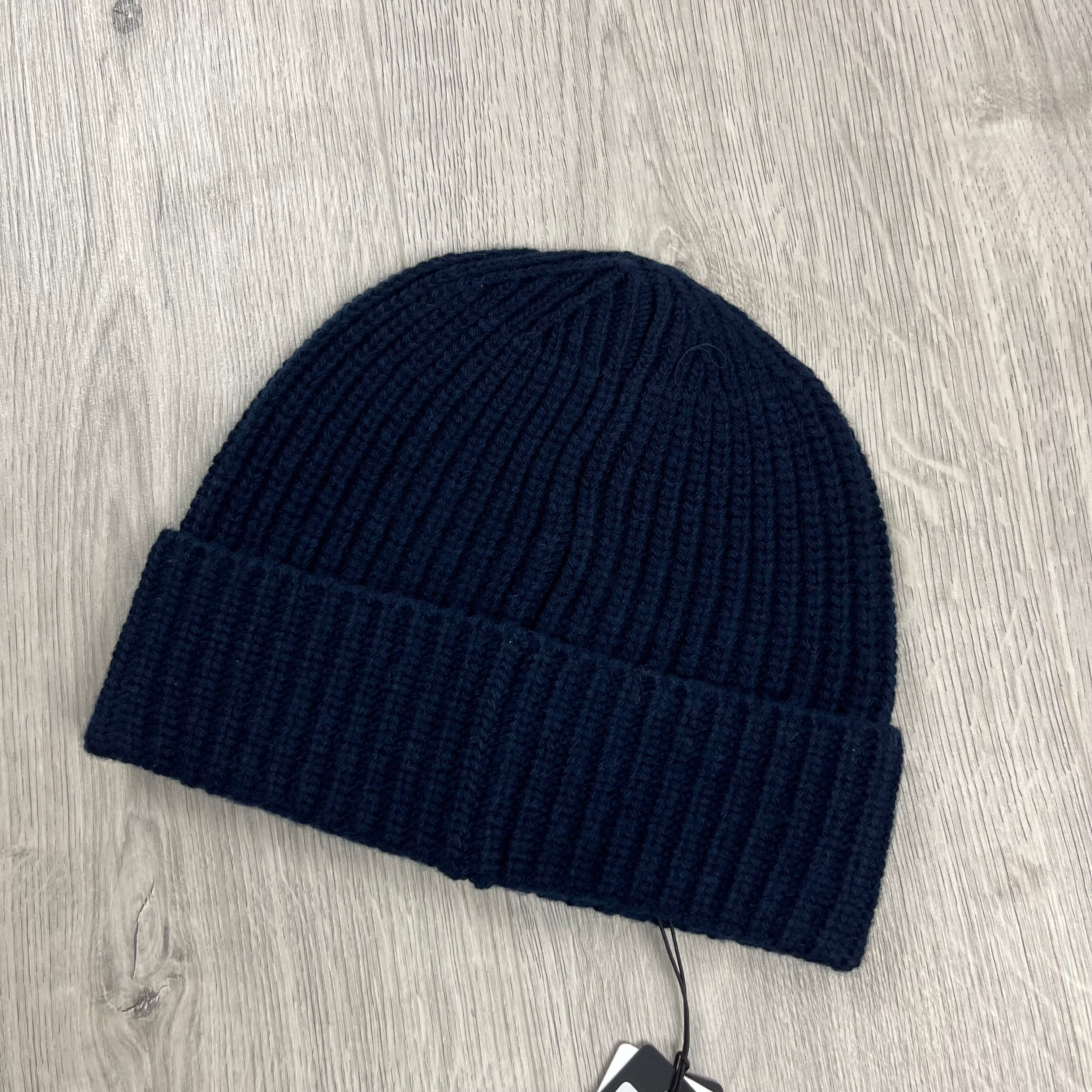 Stone Island Wool Beanie in Navy Blue. On sale at Open Attire.
