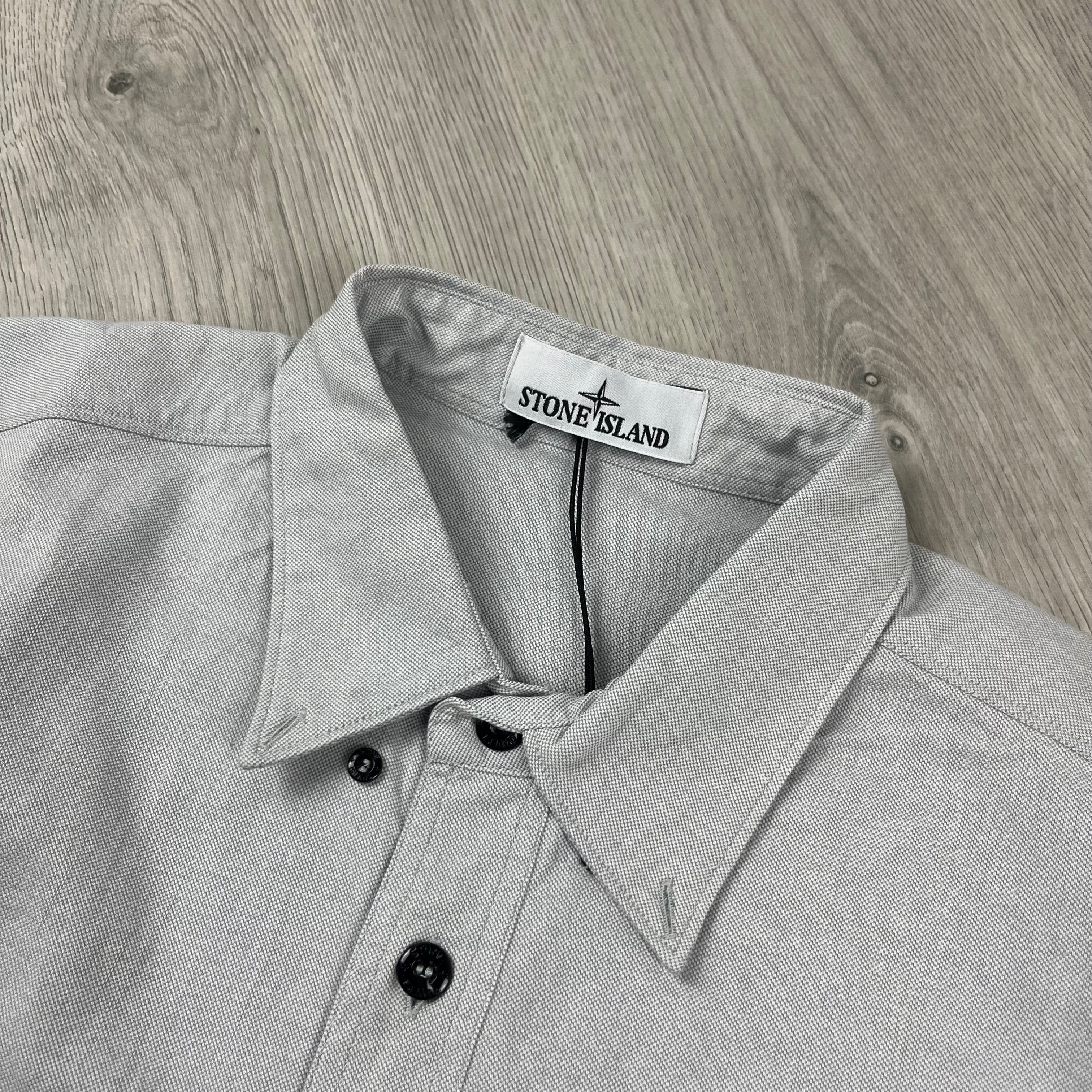 Men's Stone Island Button Shirt collar in Dust Grey. On sale at Open Attire.