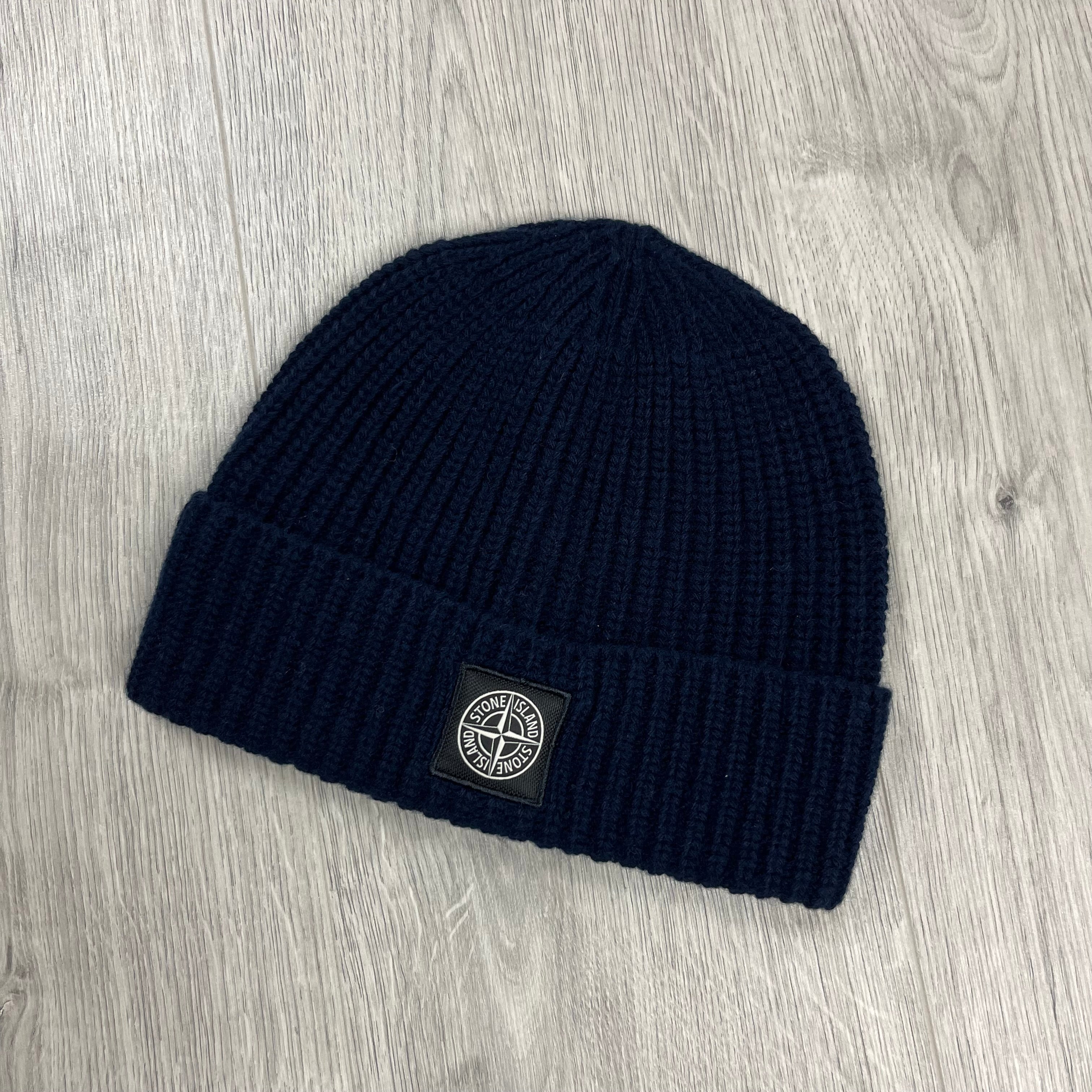 Stone Island Wool Beanie in Navy Blue. On sale at Open Attire.