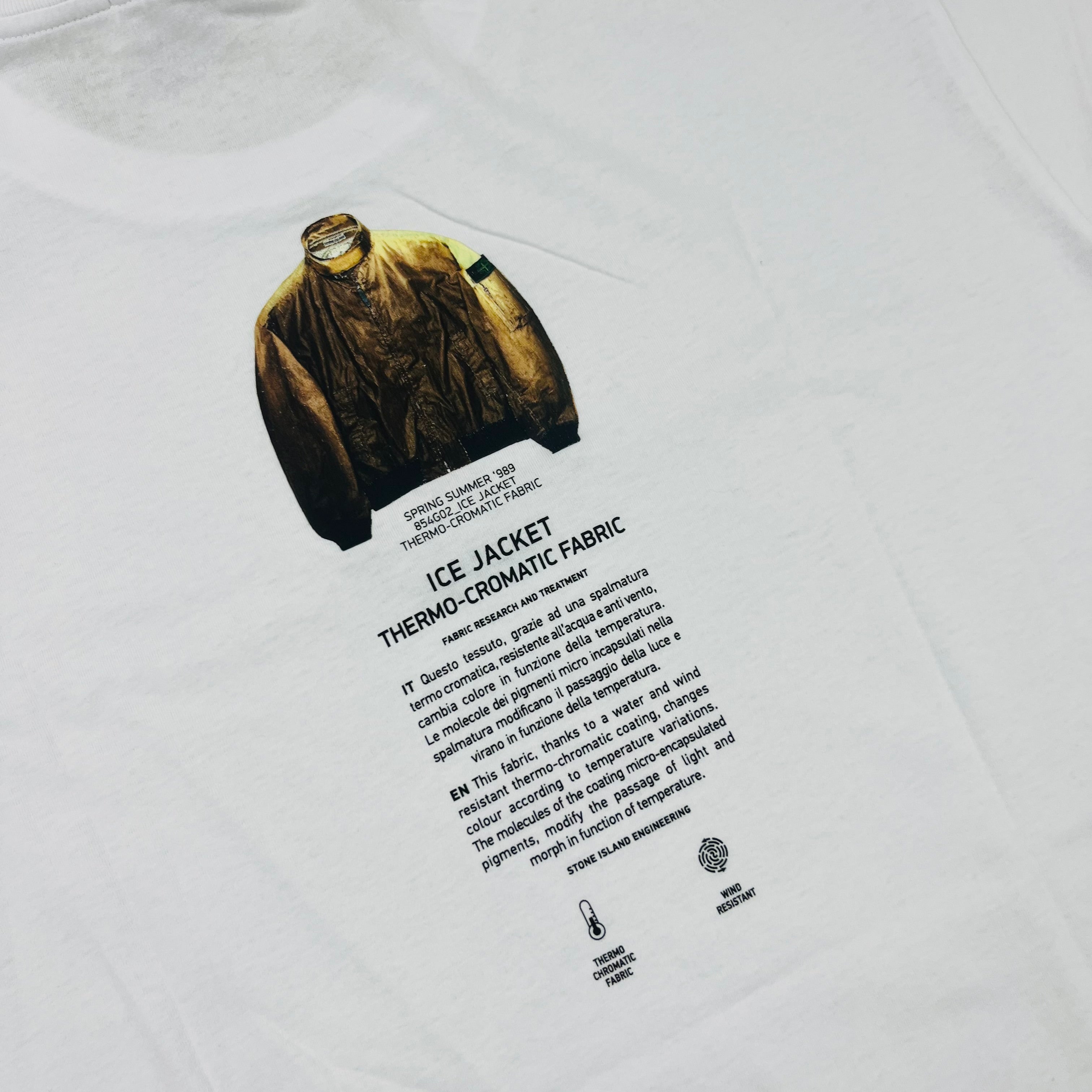 Men's Stone Island Archivio T-Shirt in White showing a 1989 Ice Jacket on the back. On sale at Open Attire.
