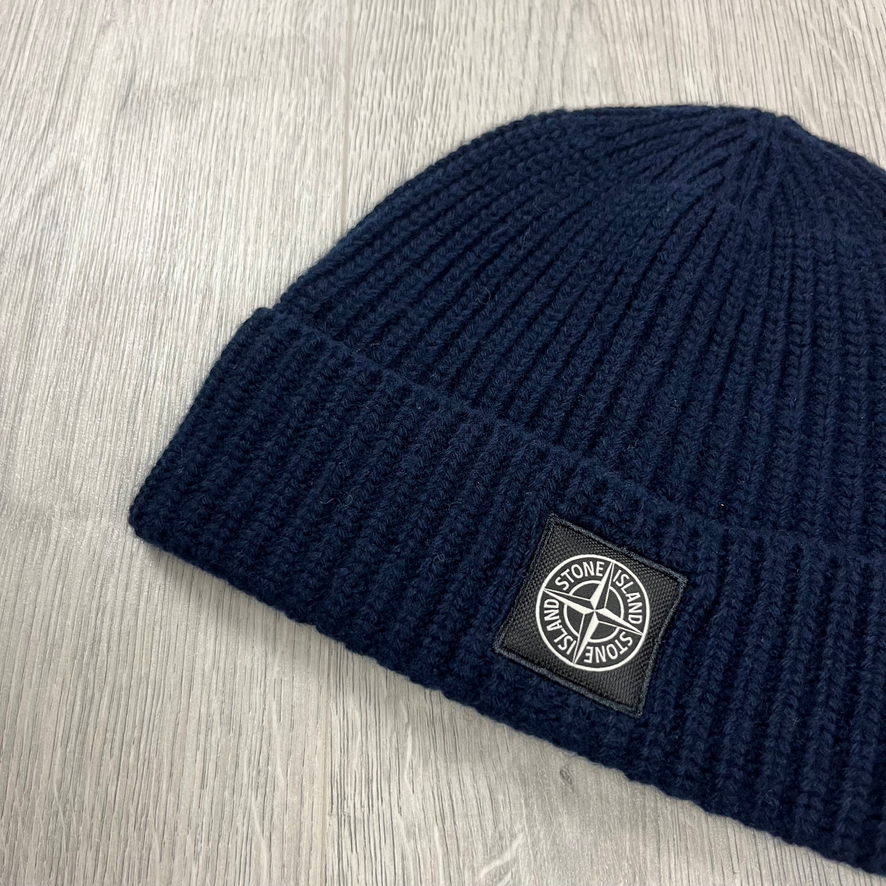 Stone Island Wool Beanie in Navy Blue. On sale at Open Attire.