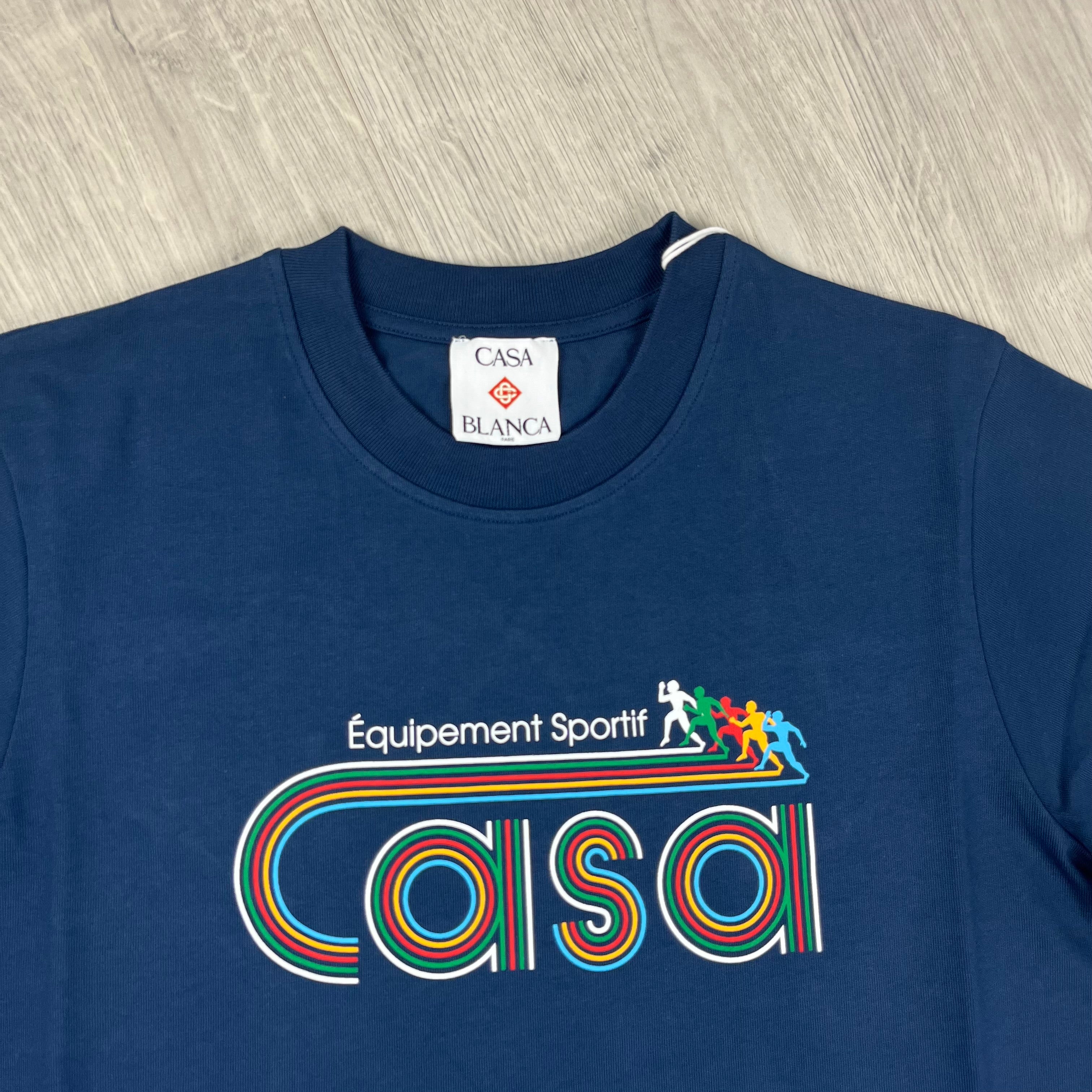 Casablanca Paris Equipment Sportif T-Shirt in Navy Blue. On sale at Open Attire.