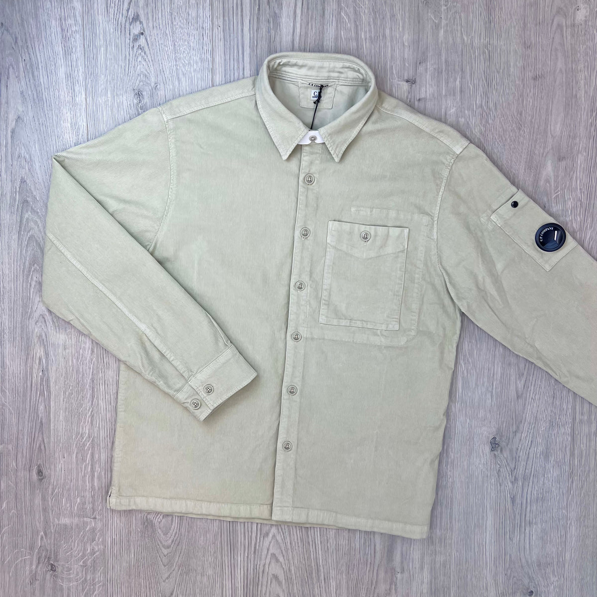 Front view of a CP Company Cotton Corduroy Overshirt in Silver Birch.